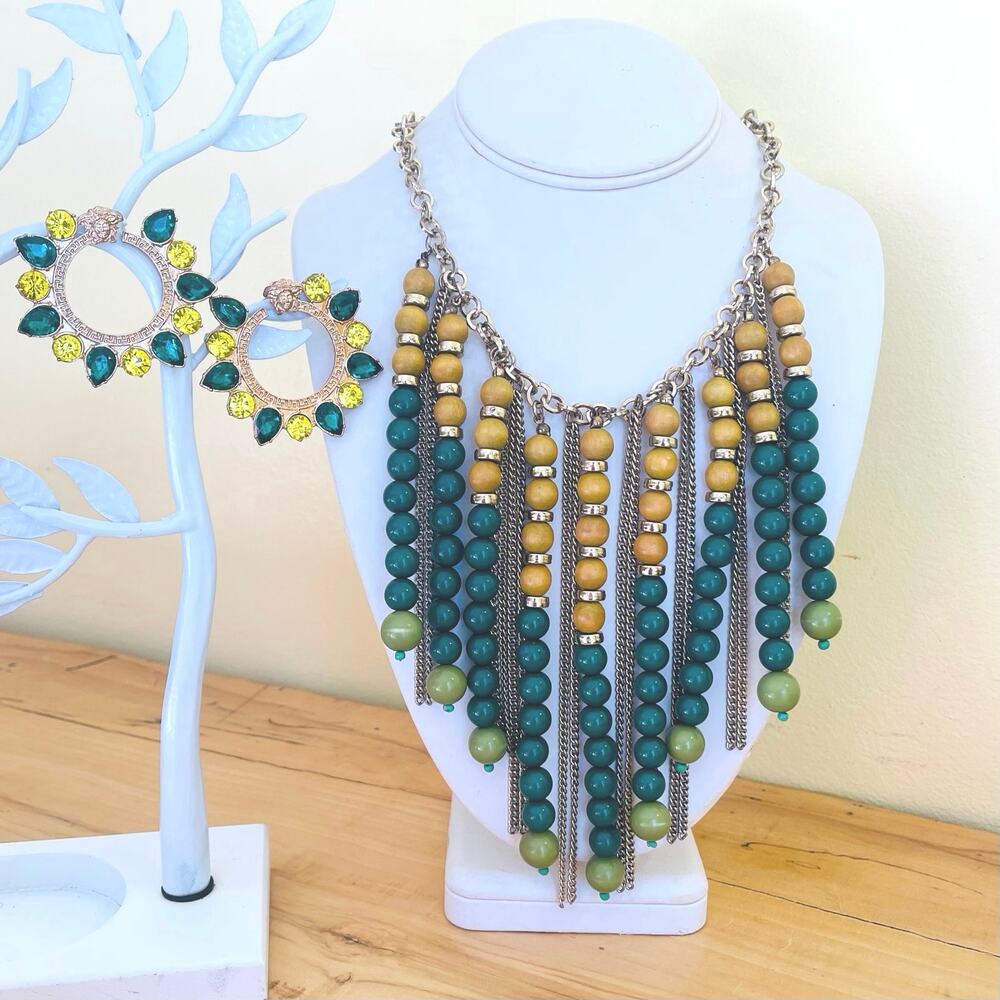 Boho Chic Glam Necklace Earrings Bead Bib Fringe Rhinestone Collar Tribal Medusa
